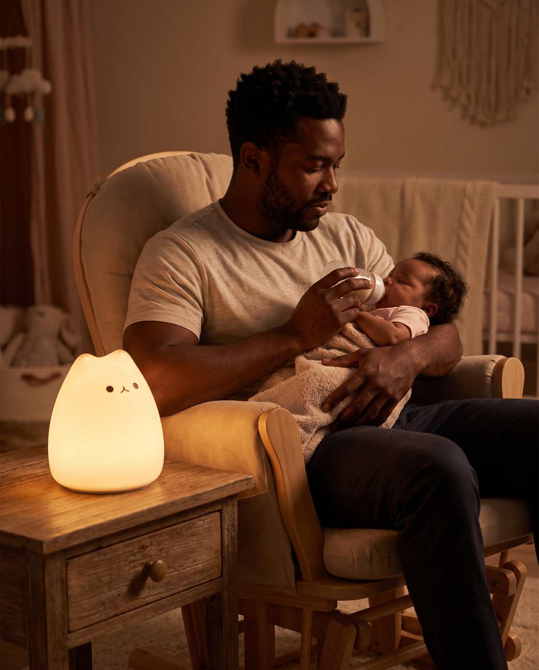 Papa qui berce son bébé à la lumière d'une veilleuse