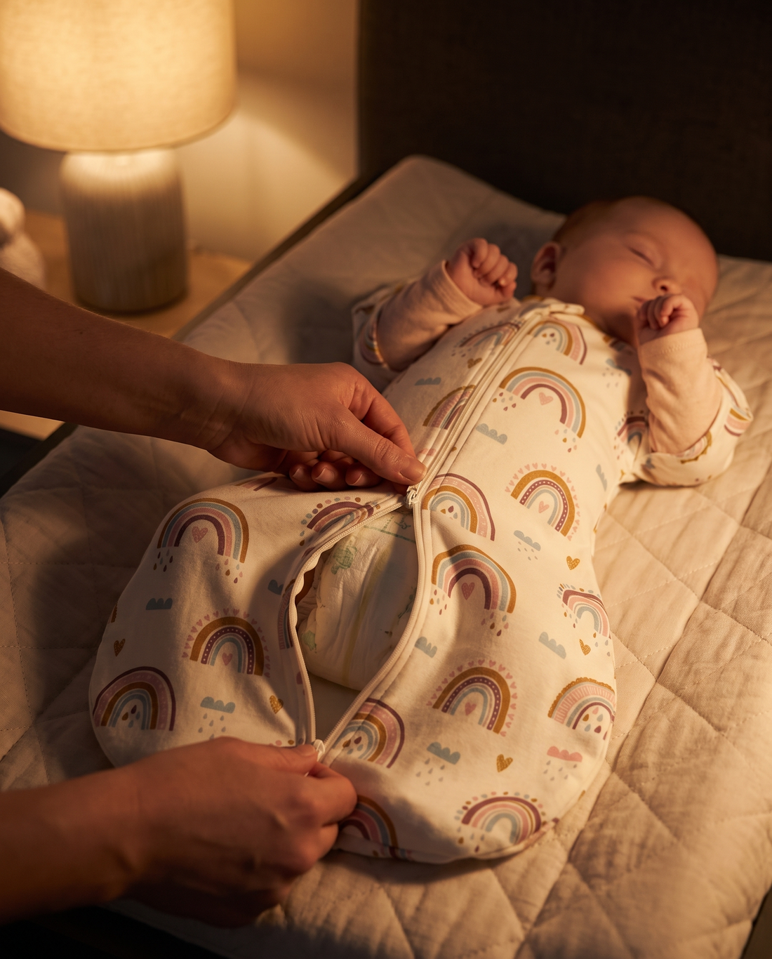 Parent qui ferme la gigoteuse de bébé pour la nuit
