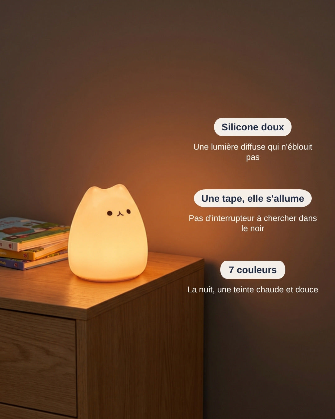 Veilleuse chat Boréal : silicone doux, allumage d'une tape, 7 couleurs