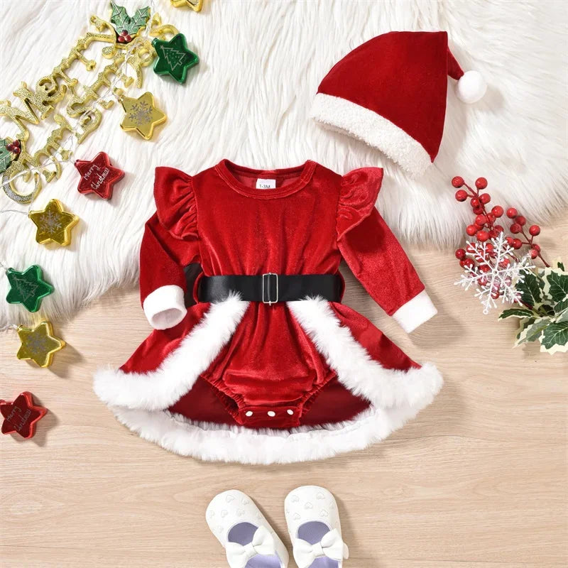Barboteuse de Noël en velours avec bonnet