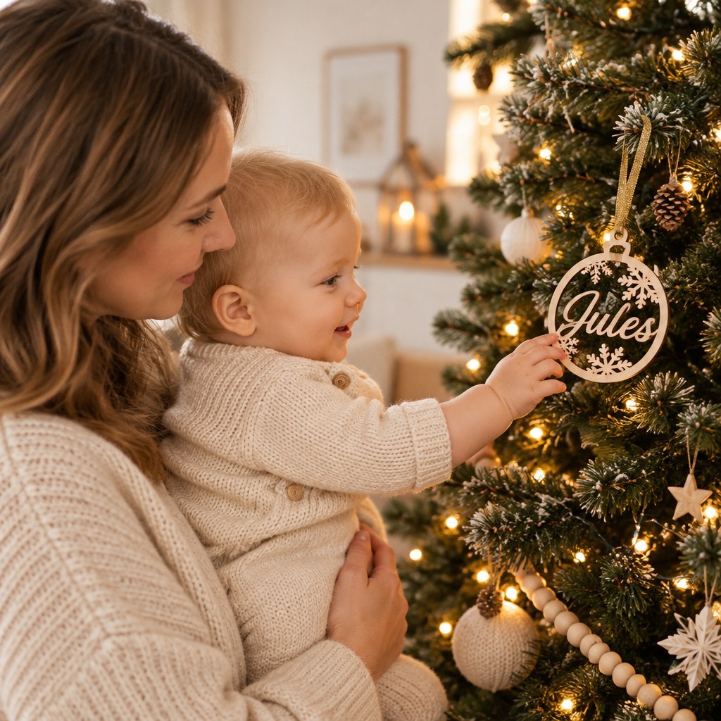 Bébé qui touche sa boule de Noël au prénom dans les bras de sa maman, pour son premier Noël