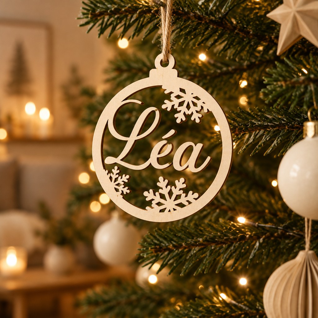 Boule de Noël en bois découpée au prénom Léa, suspendue au sapin illuminé