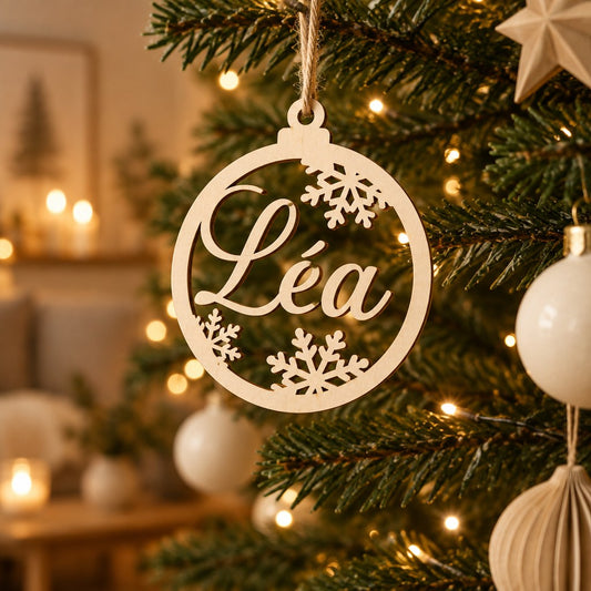 Boule de Noël en bois découpée au prénom Léa, suspendue au sapin illuminé