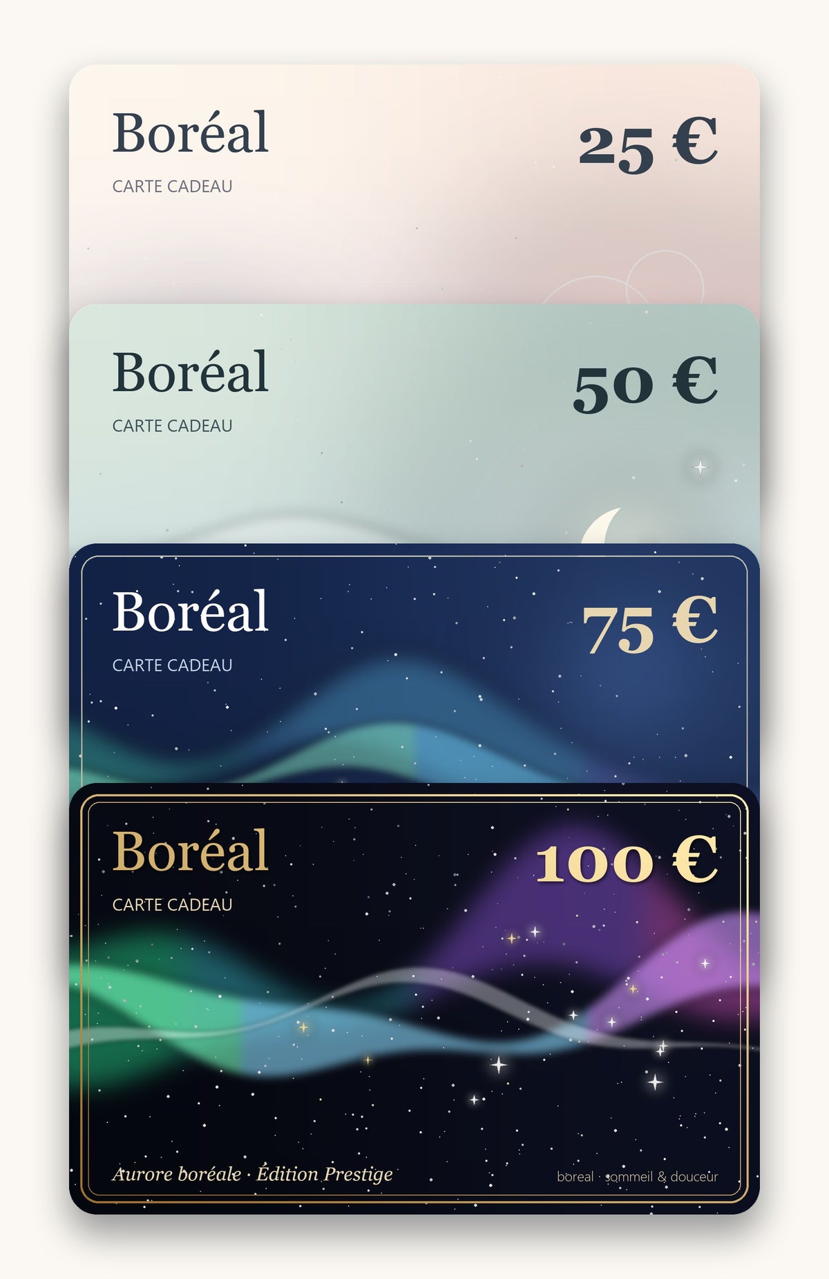 Cartes cadeaux Boréal 25, 50, 75 et 100 €