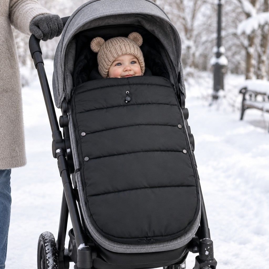 Bébé bien au chaud dans la chancelière Boréal sur une poussette, dans un parc enneigé