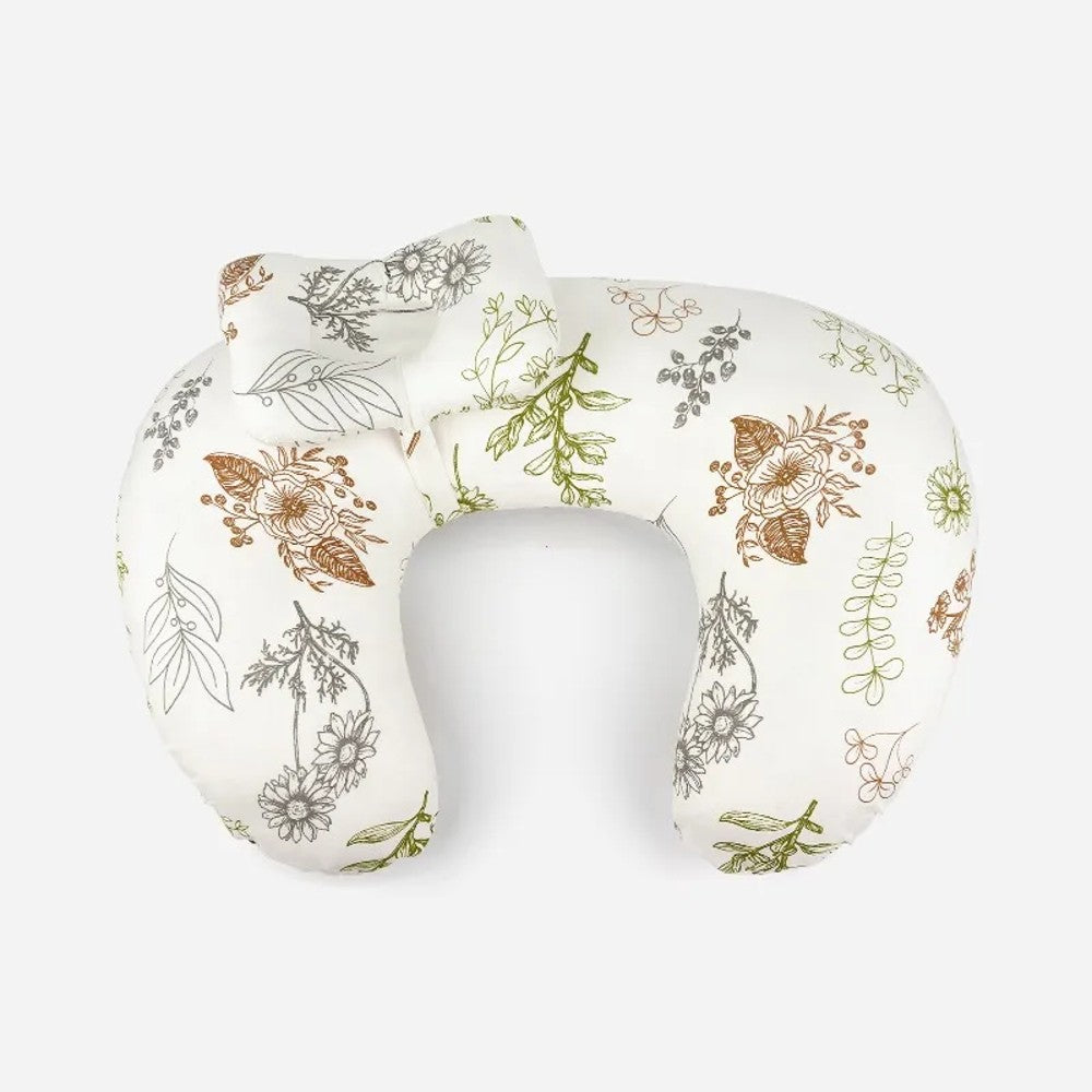 Coussin d'allaitement grand format Boréal, motif botanique, avec son petit coussin de tête