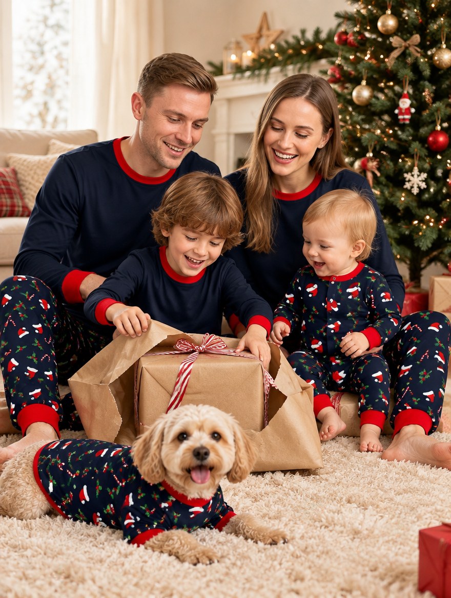 Famille en pyjamas de Noël assortis qui ouvre les cadeaux au pied du sapin, avec bébé et le chien