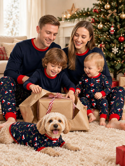 Famille en pyjamas de Noël assortis qui ouvre les cadeaux au pied du sapin, avec bébé et le chien