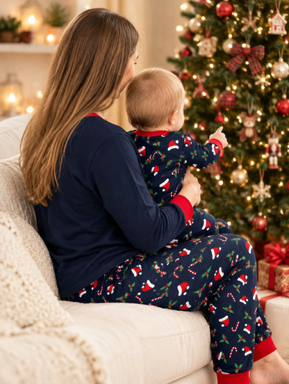 Maman et bébé en pyjama de Noël assorti qui regardent le sapin