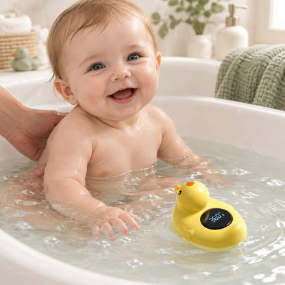 Bébé souriant dans son bain avec le thermomètre canard Boréal qui flotte