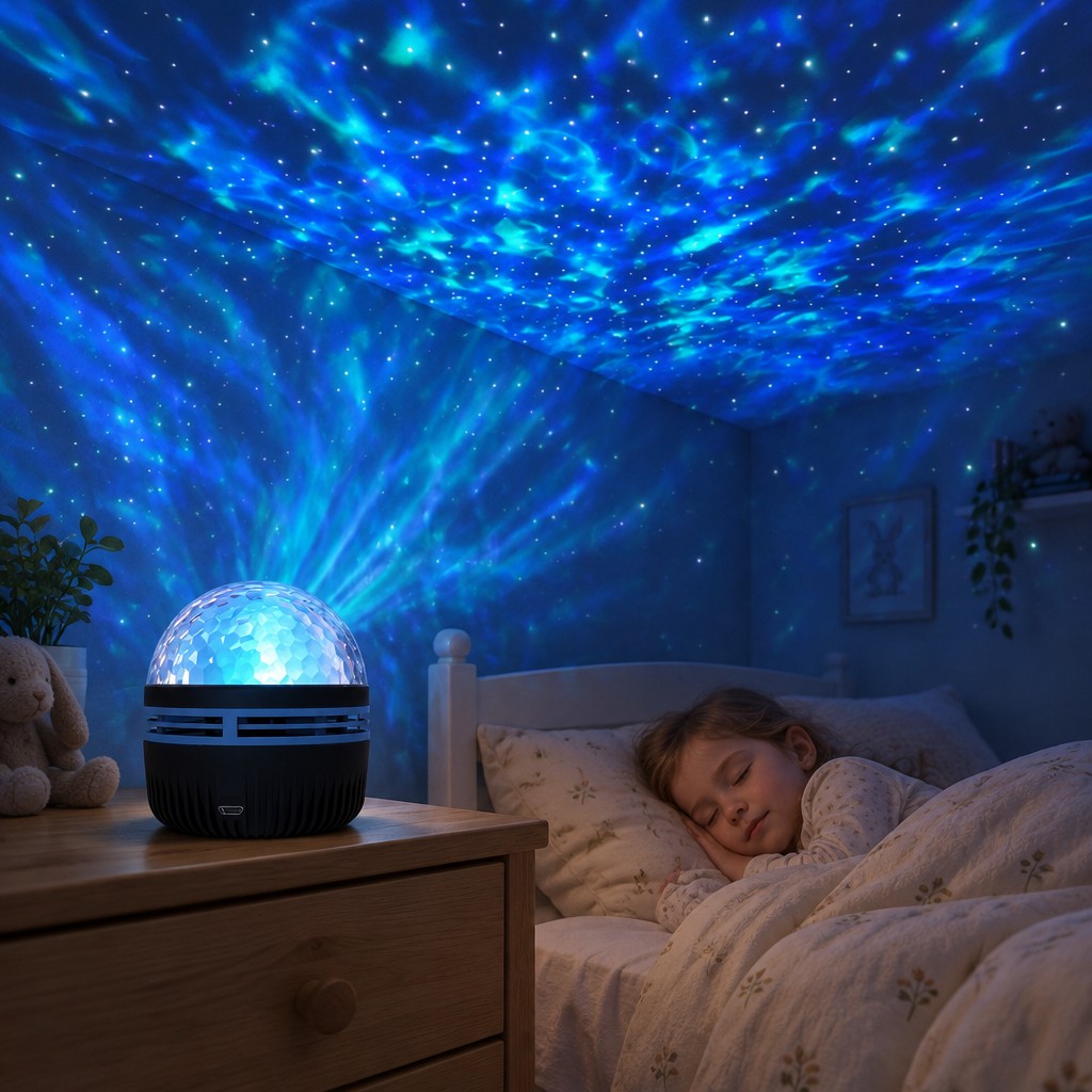 Veilleuse projecteur Boréal qui projette des vagues et des étoiles au plafond d'une chambre d'enfant