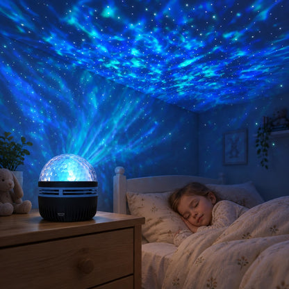 Veilleuse projecteur Boréal qui projette des vagues et des étoiles au plafond d'une chambre d'enfant
