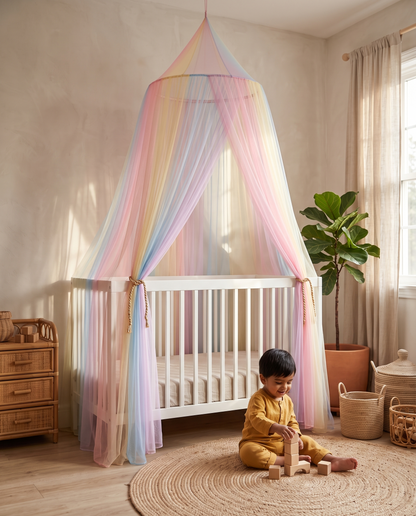 Ciel de lit Boréal arc-en-ciel dans une chambre d'enfant bohème