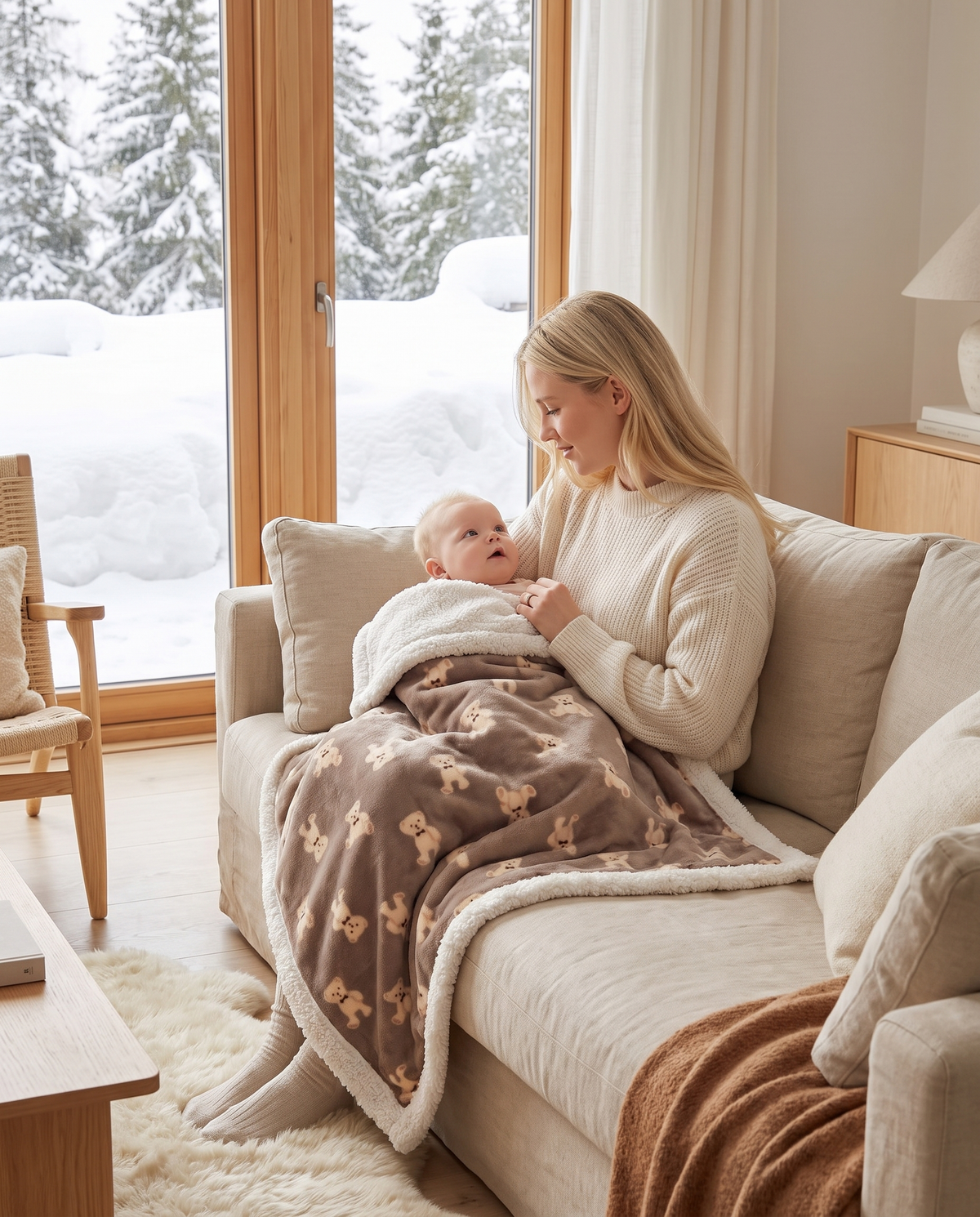 Maman et bébé sous la couverture Boréal dans un salon d'hiver