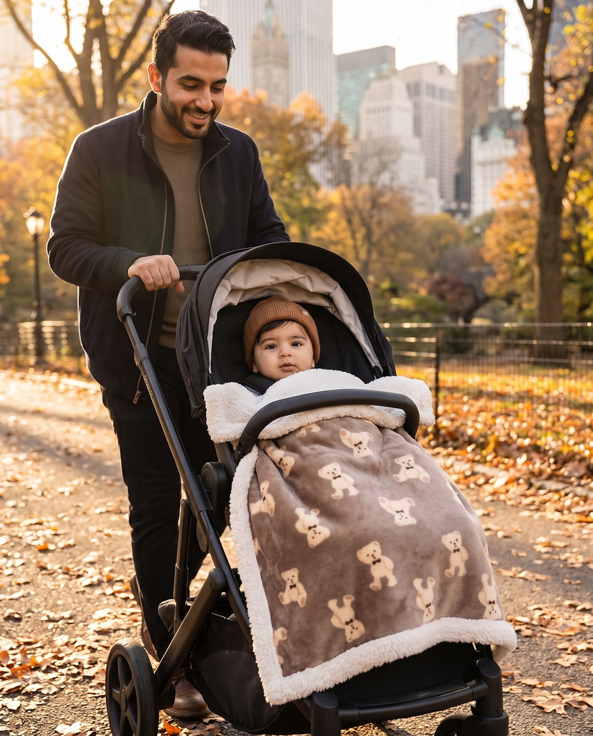 Papa en balade d'automne, bébé dans la poussette sous la couverture Boréal