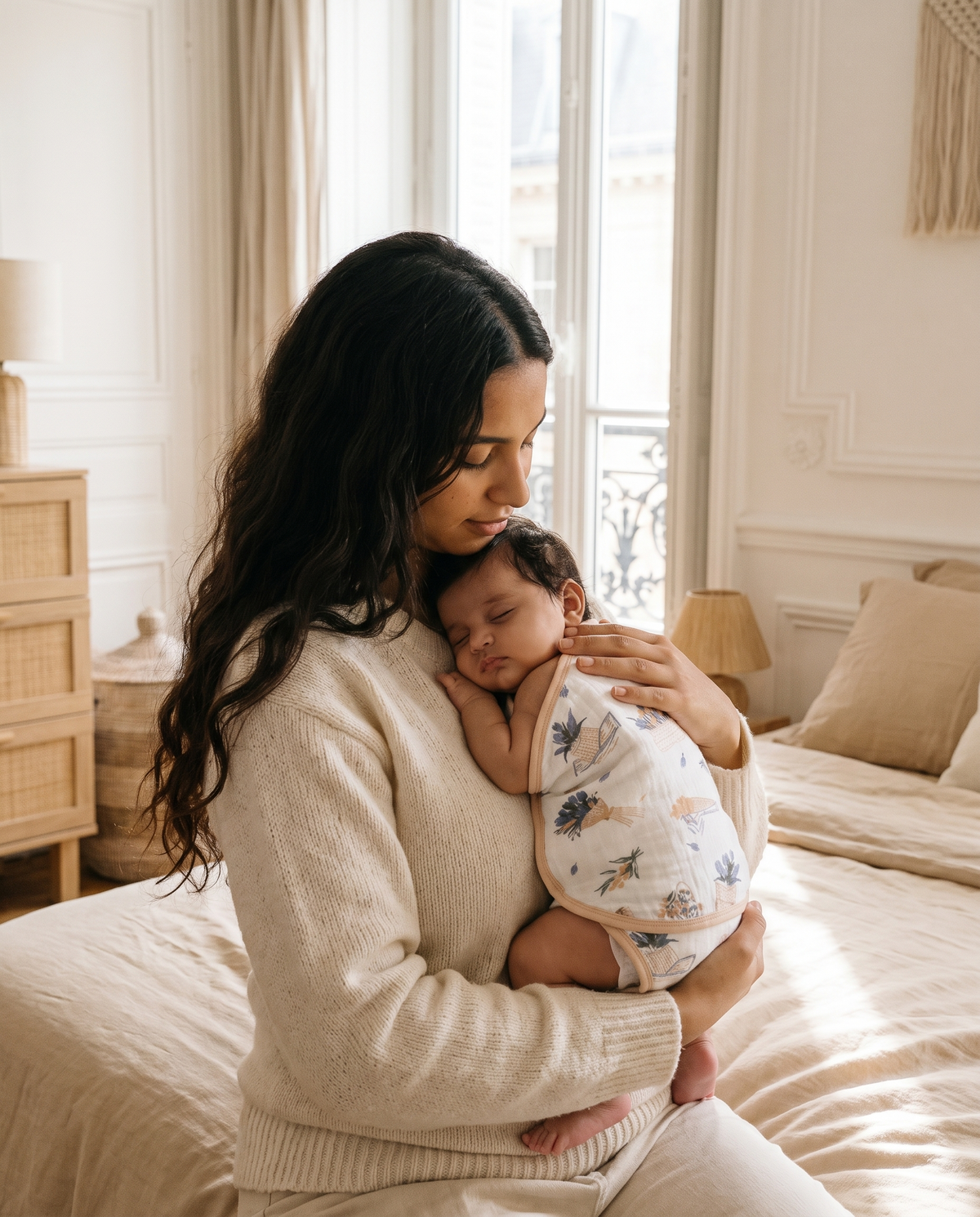 Maman berçant son nouveau-né emmailloté dans le lange Boréal