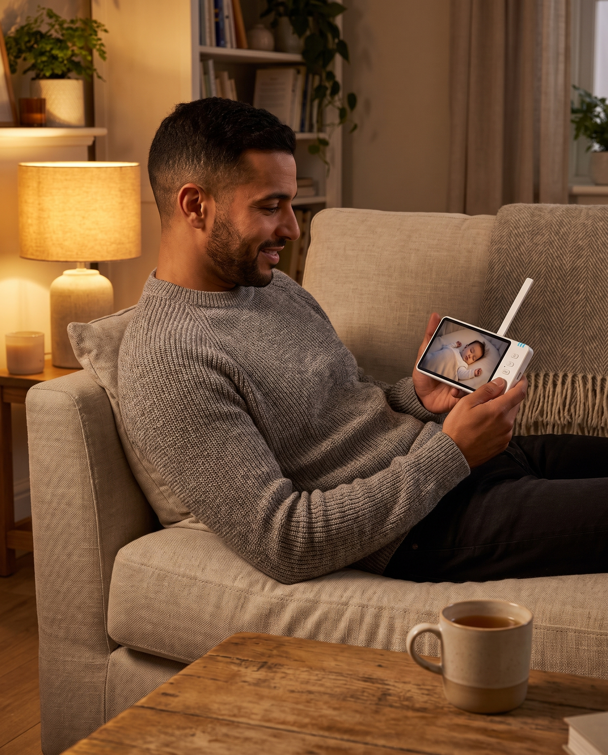 Papa regardant son bébé dormir sur l'écran du babyphone Boréal