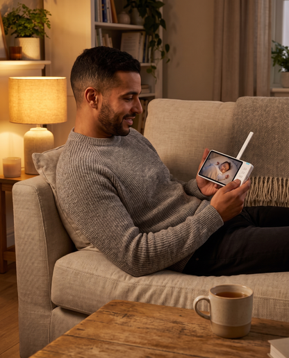 Papa regardant son bébé dormir sur l'écran du babyphone Boréal
