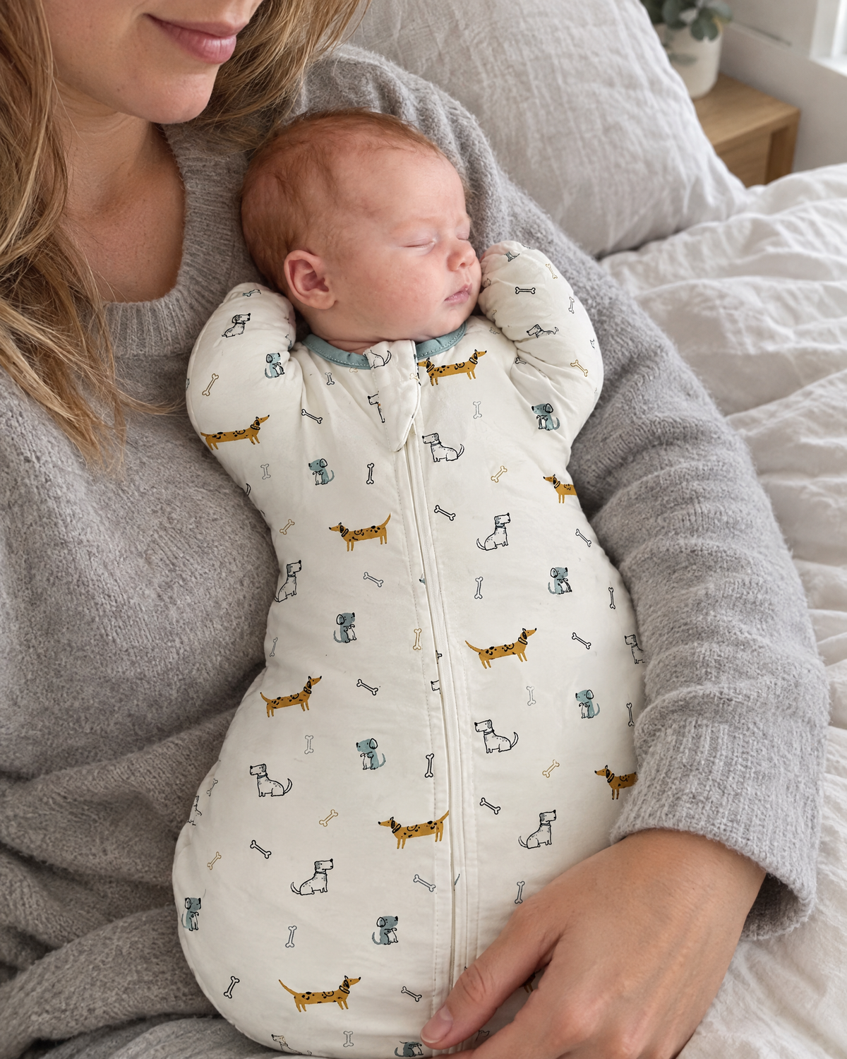 Maman et bébé apaisé dans la gigoteuse bras levés motif teckels