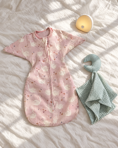 Les 3 objets du coffret posés sur le lit : gigoteuse cygnes, bruit blanc, doudou