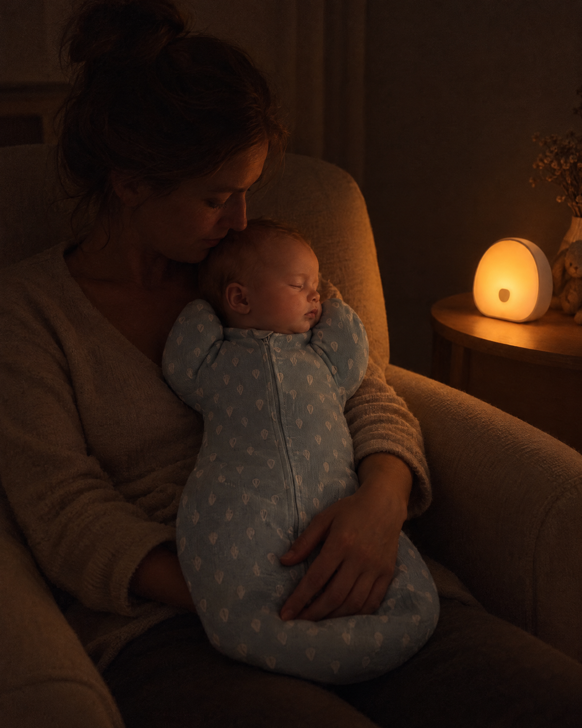 Tétée de nuit à la lumière douce de la veilleuse, bébé dans sa gigoteuse bras levés
