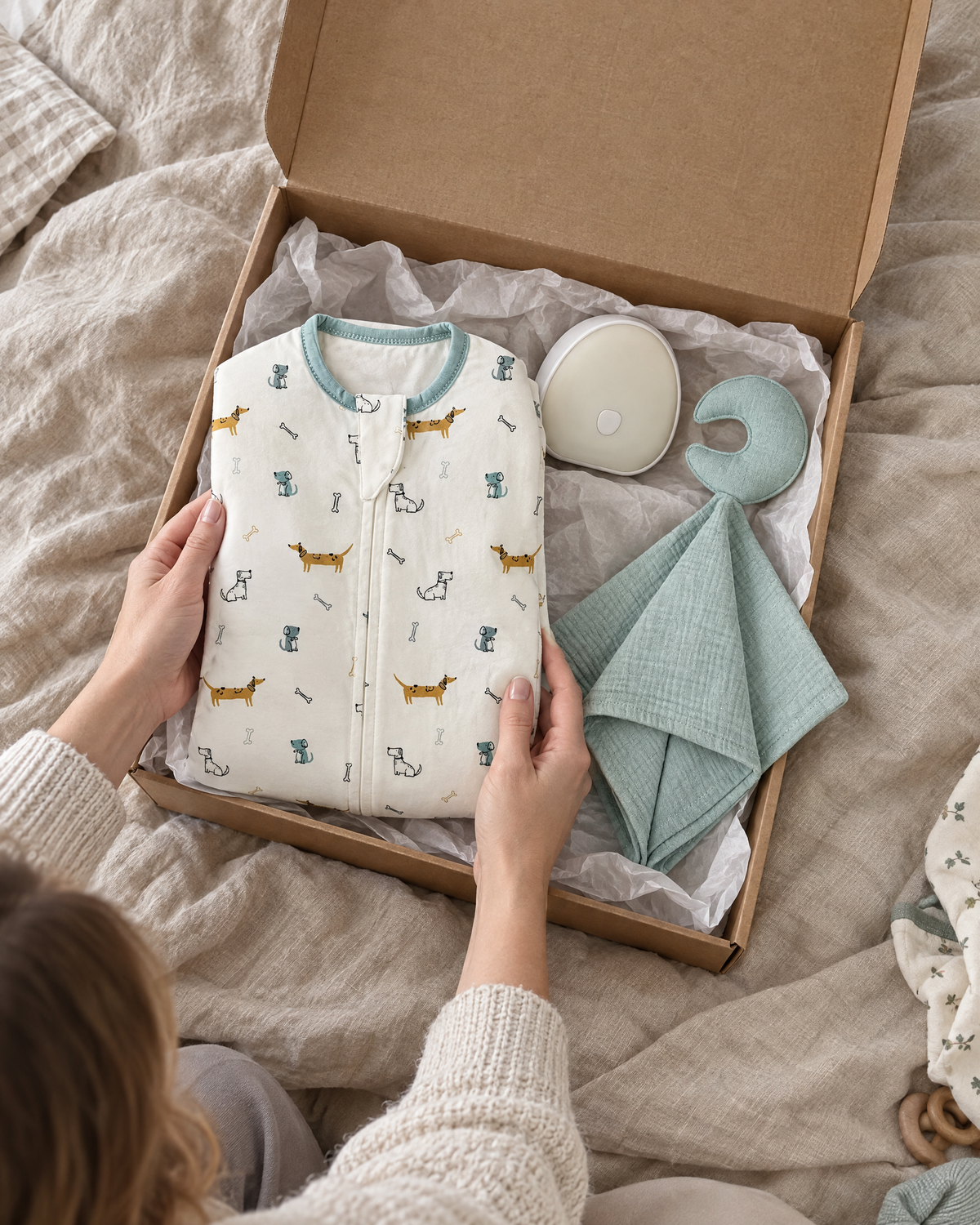 Coffret Nuits sereines ouvert : gigoteuse bras levés, bruit blanc veilleuse et doudou lune